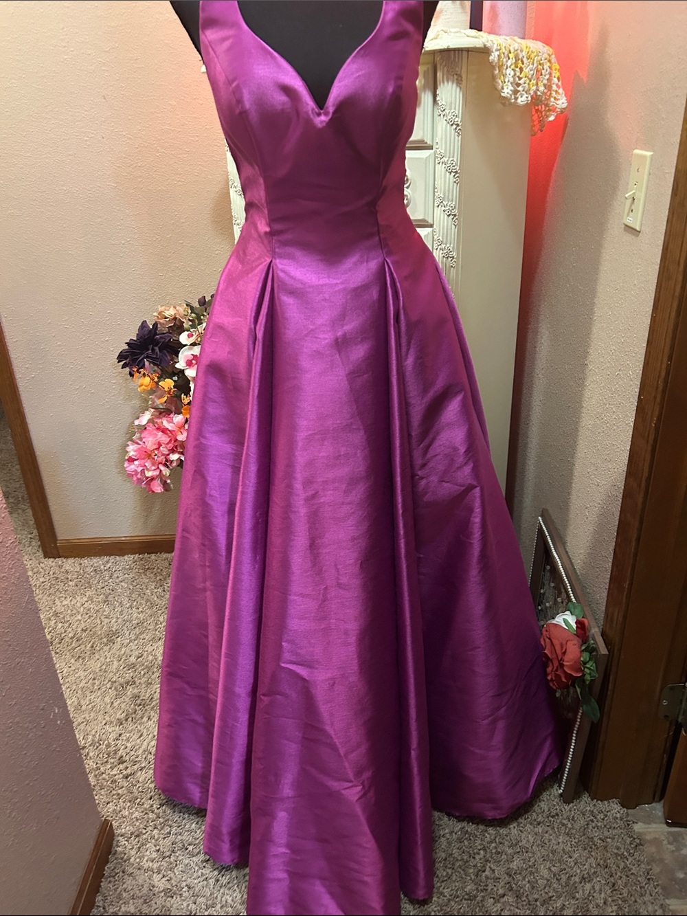 B Darlin Fuchsia Satin A-Line Prom Dress